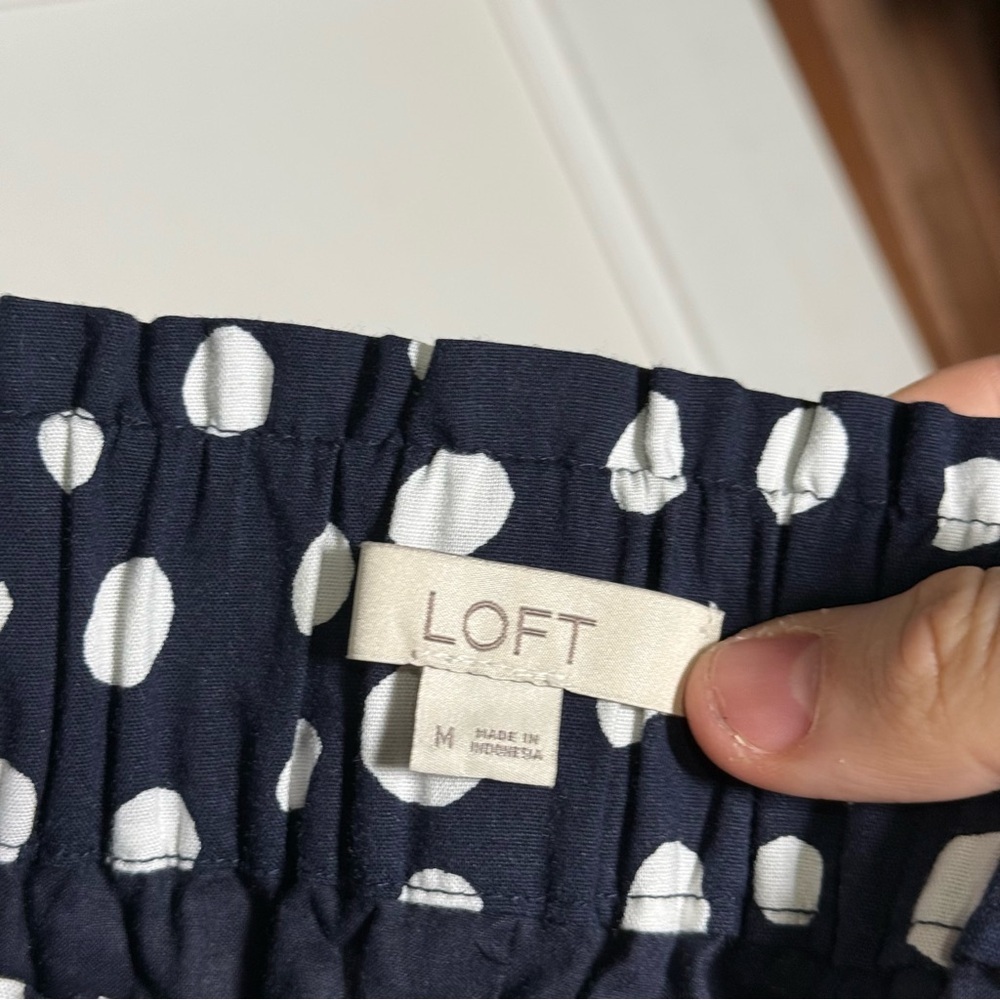 LOFT Navy Blue Tiered Skirt White Polka Dots Lined Size Medium Nautical Preppy - Picture 7 of 9